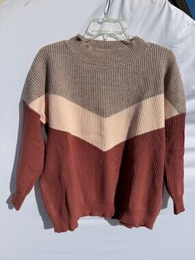 Amaryllis Apparel Soft & Cozy Wide Stripe Color Block Mock Neck Pullover Sweater